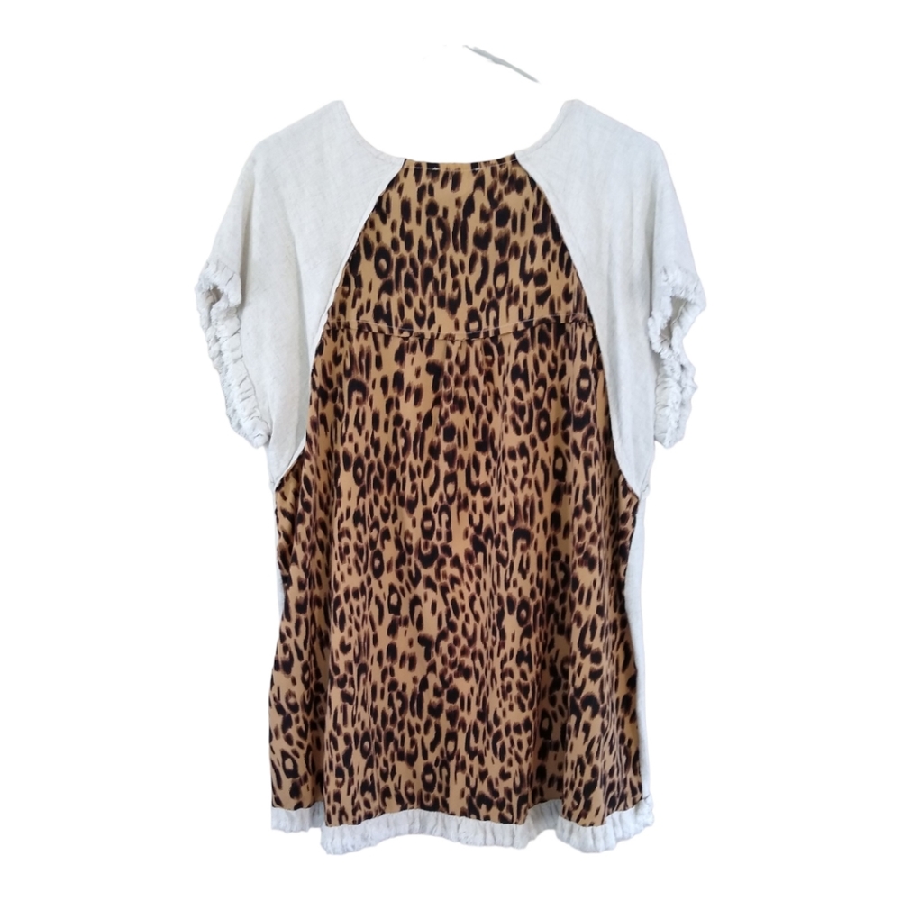 Umgee Fringe Sleeve and Bottom Animal Print Boho Linen Cotton Blend Top Size 2XL - Picture 2 of 4